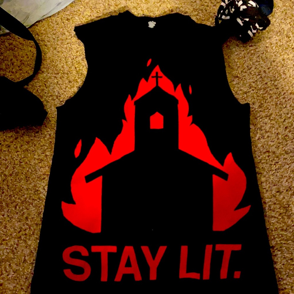 Stay lit muscle tee with burning church